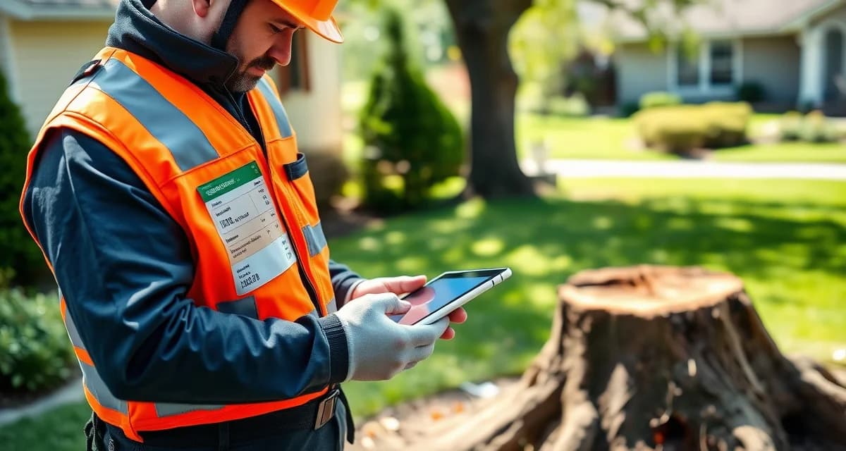 Automated quoting tool streamlines tree service estimates Arborist using AI quoting software on tablet to estimate tree removal and stump removal job for residential customer