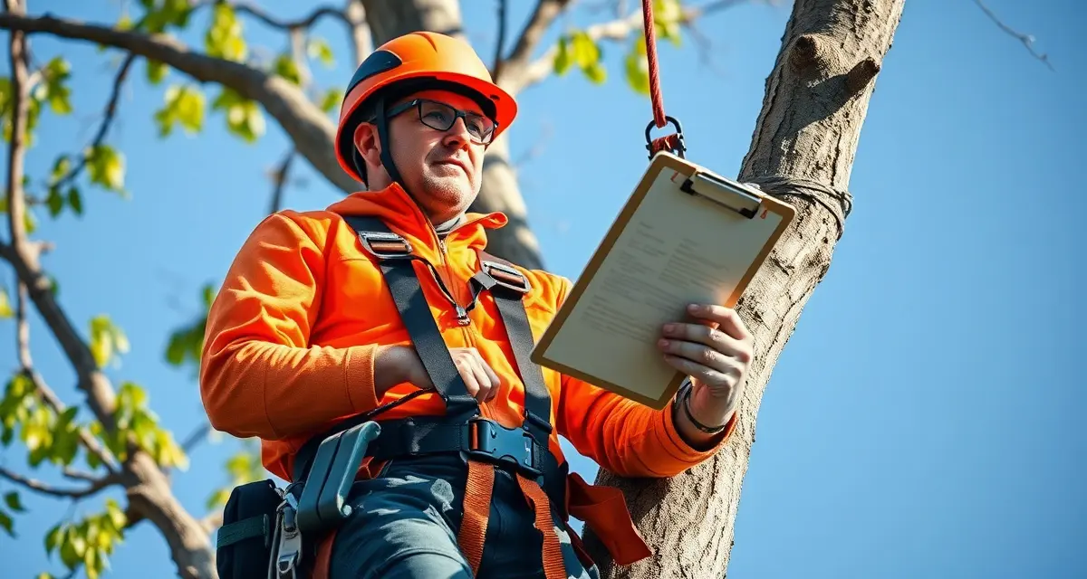 Tree service safety standard compliance Certified arborist demonstrating ANSI Z133 safety compliance with proper climbing equipment and harness on tree