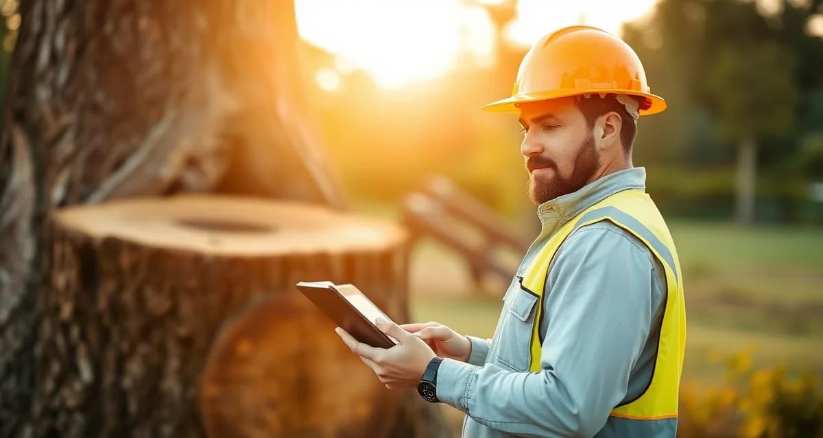 Finding better tree service management software Tree service professional comparing Arborgold alternatives software solutions on mobile device at job site