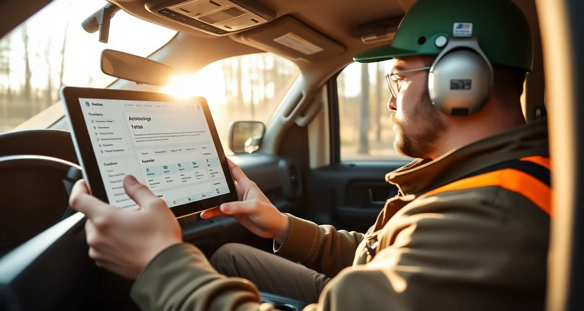 Arborgold mobile app interface for tree service crews Tree service business owner reviewing Arborgold mobile app on tablet with job scheduling and proposal management features displayed