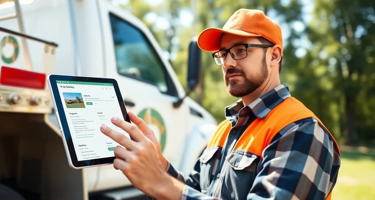 Mobile field service management for tree companies Arborist using field service app on mobile device to manage tree service jobs and dispatch from the field