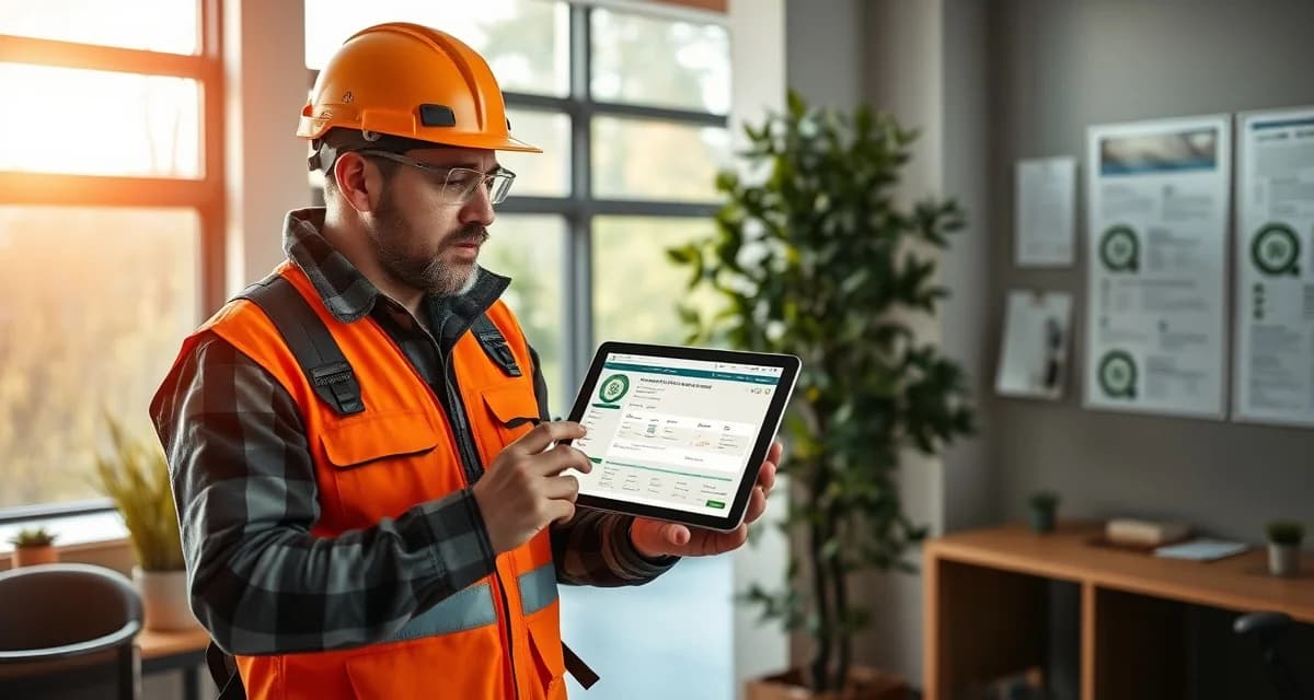 Arborist certification tracking software interface Arborist using business software on tablet to manage ISA certifications and ANSI Z133 compliance workflows for tree service operations.