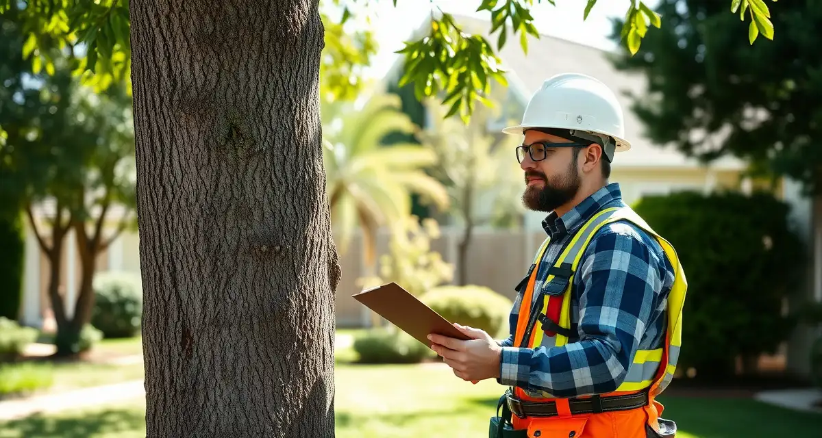 Tree Health Assessment Best Practices Certified arborist performing tree health assessment documentation in client yard with professional equipment and clipboard