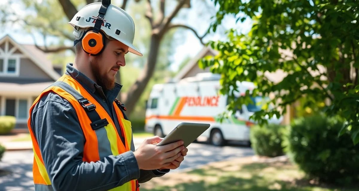 Emergency tree service response documentation Arborist documenting emergency tree service damage assessment using digital platform for insurance claims and liability protection