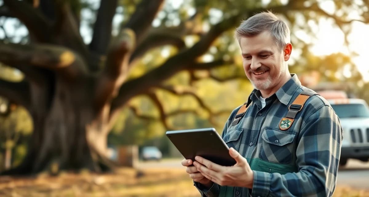 Tree service business software comparison for US arborists Arborist comparing tree service management software platforms on tablet for US companies