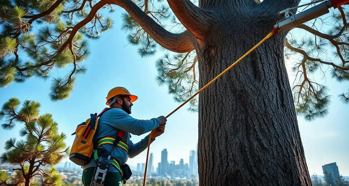 Tree service management software for California arborists Professional arborist using tree service software on tablet while inspecting urban tree in California, demonstrating wildfire management and forestry compliance.