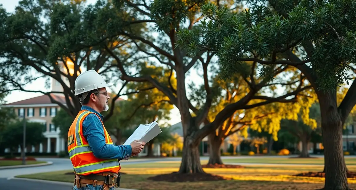 Professional property inspection for tree maintenance programs Commercial tree maintenance inspector evaluating property trees for HOA maintenance contract pricing and service planning.