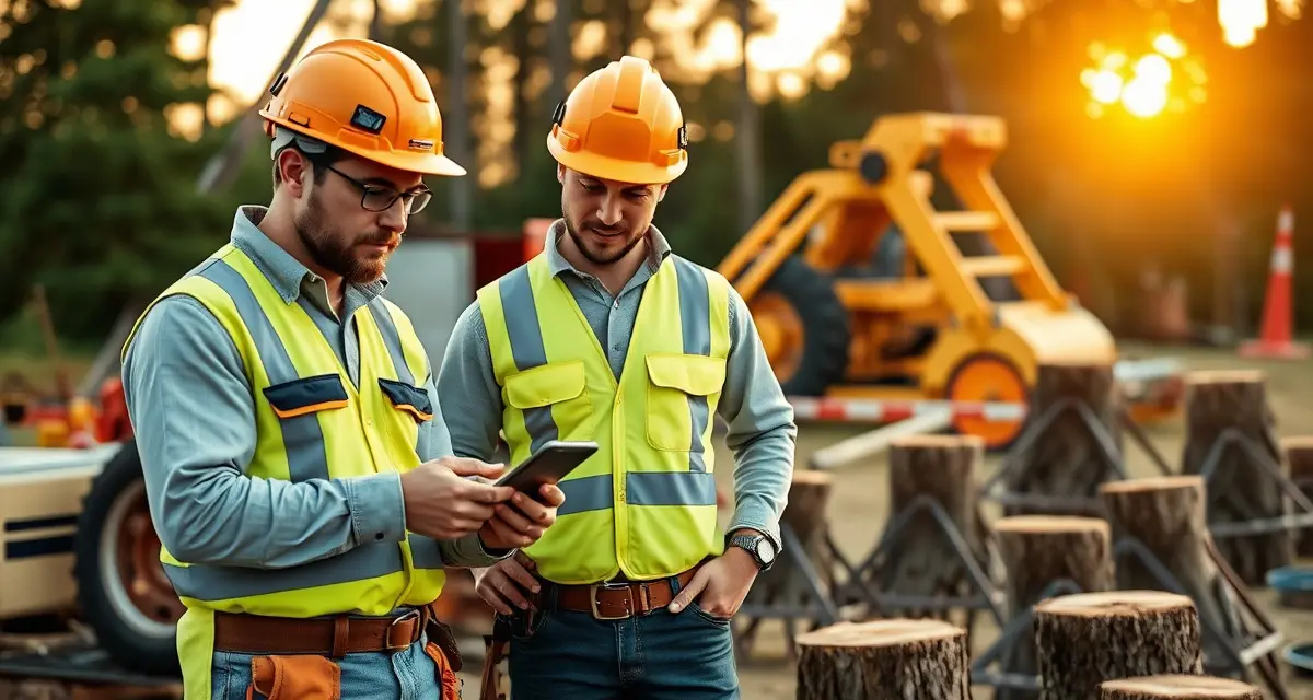 Mobile app field management for tree service crews Tree service crew using Crew Control mobile app on tablet for job management and field operations in the field