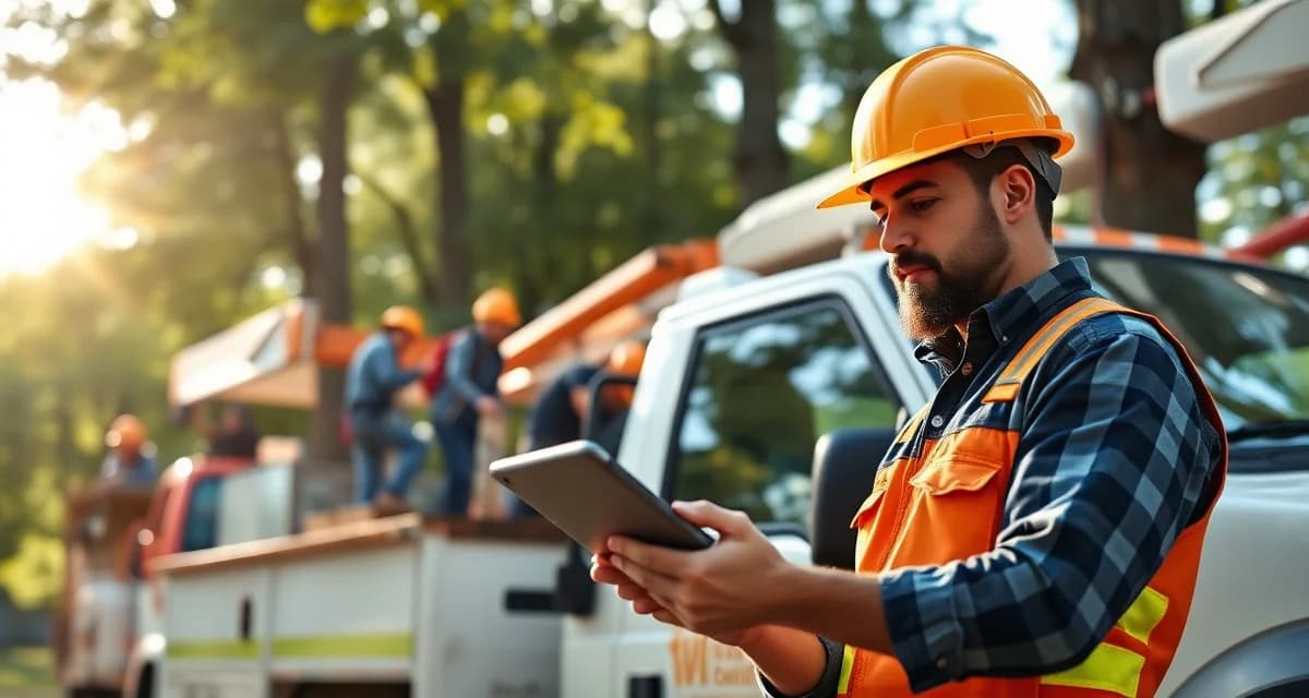 Tree service software support comparison for arborist crews Arborist reviewing Crew Control software customer support options on mobile device at job site