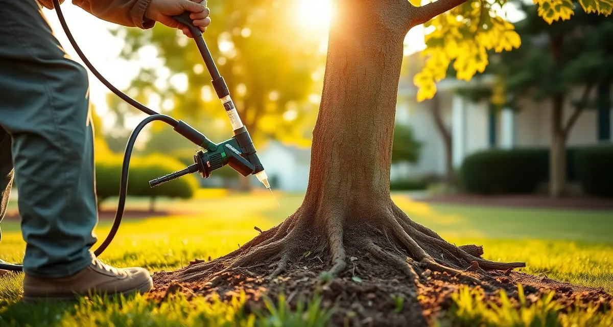Professional deep root fertilization service application Arborist performing deep root fertilization treatment on tree using professional injection equipment in residential setting