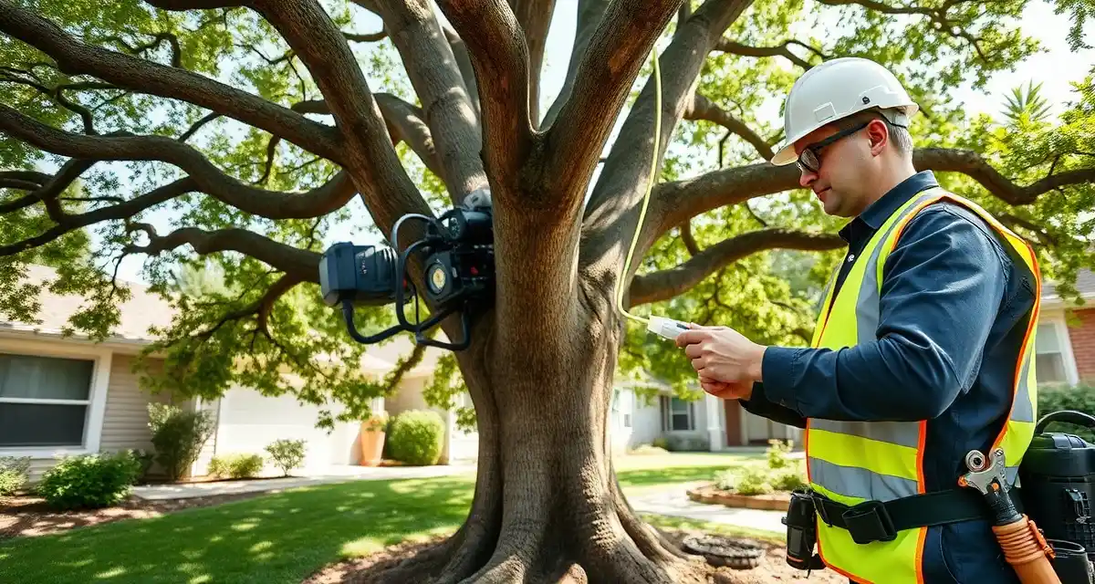 Professional deep root fertilization service application Arborist performing deep root fertilization on tree using professional injection equipment for tree service scheduling
