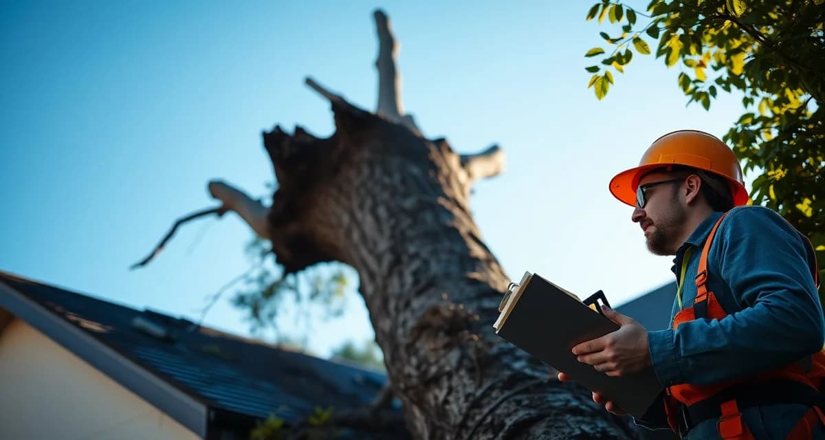 Emergency tree assessment for rapid quoting Arborist assessing emergency tree damage on residential roof for rapid service quoting and pricing