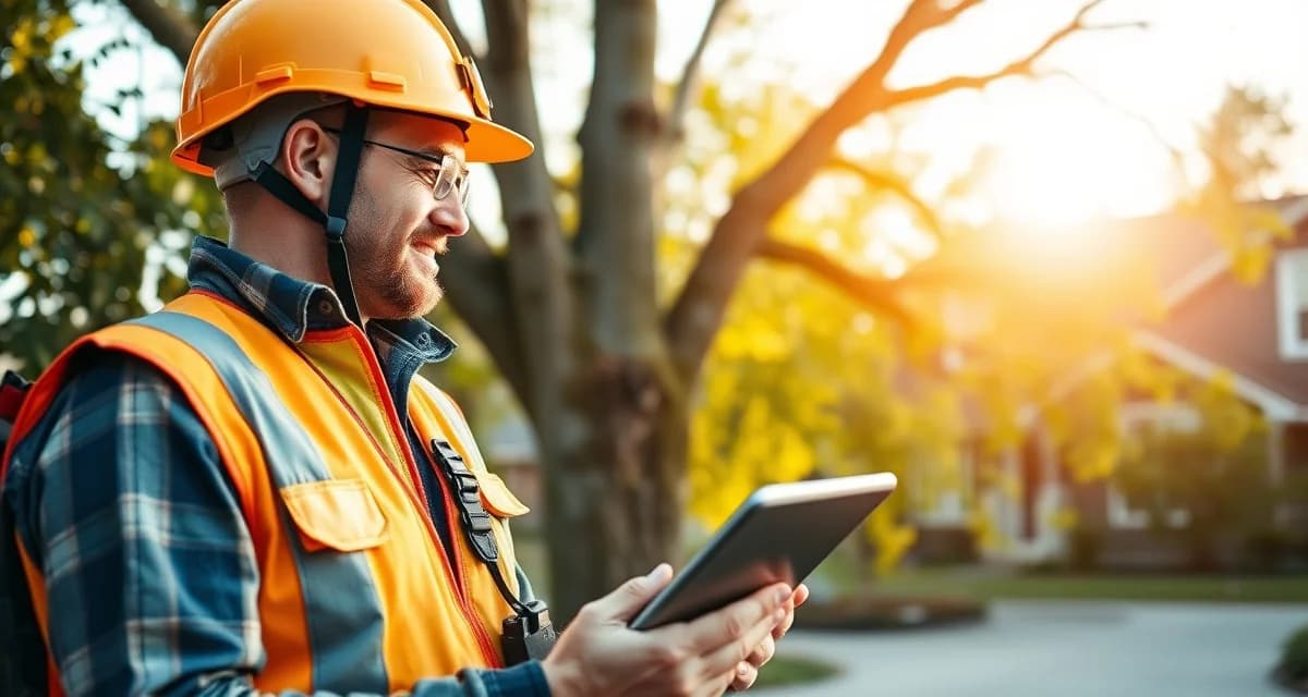Emergency tree service scheduling workflow Tree service professional using tablet to schedule and dispatch emergency tree removal job from mobile device