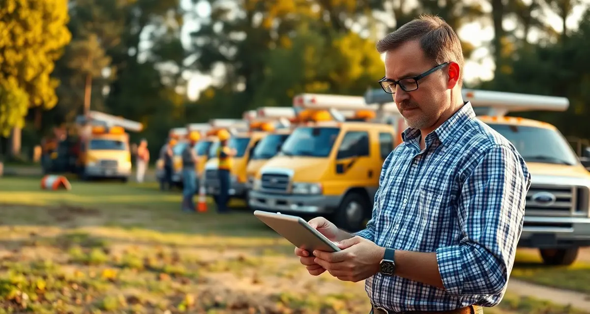 Enterprise tree company quoting software management Tree service manager using AI quoting software on tablet with multiple crews and trucks visible at job site