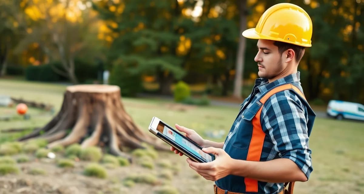 FieldPulse mobile app review for tree service management Tree service crew reviewing FieldPulse mobile app on tablet during field job scheduling and stump removal work.