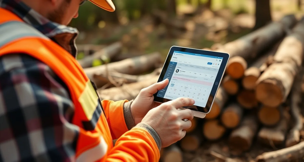 Mobile scheduling platform for tree service businesses FieldPulse tree service scheduling software interface on mobile device with arborist in background managing field operations