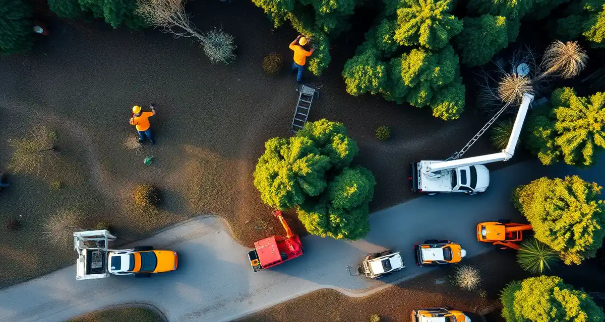 Enterprise GPS fleet tracking system for large tree service operations GPS tracking dashboard displaying real-time locations of multiple tree service crews across different job sites with vehicle icons and status indicators.