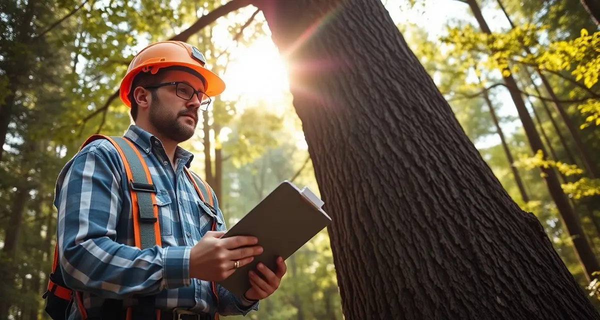 Certified arborist performing professional tree evaluation ISA Certified Arborist professional conducting tree assessment with specialized equipment and credentials documentation