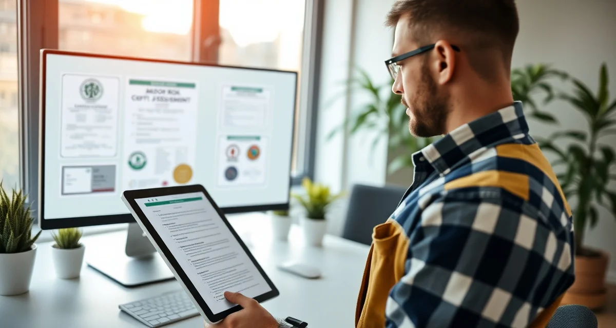 Digital credential management for tree risk assessment Arborist managing ISA TRAQ certification credentials in crew compliance tracking software on tablet device