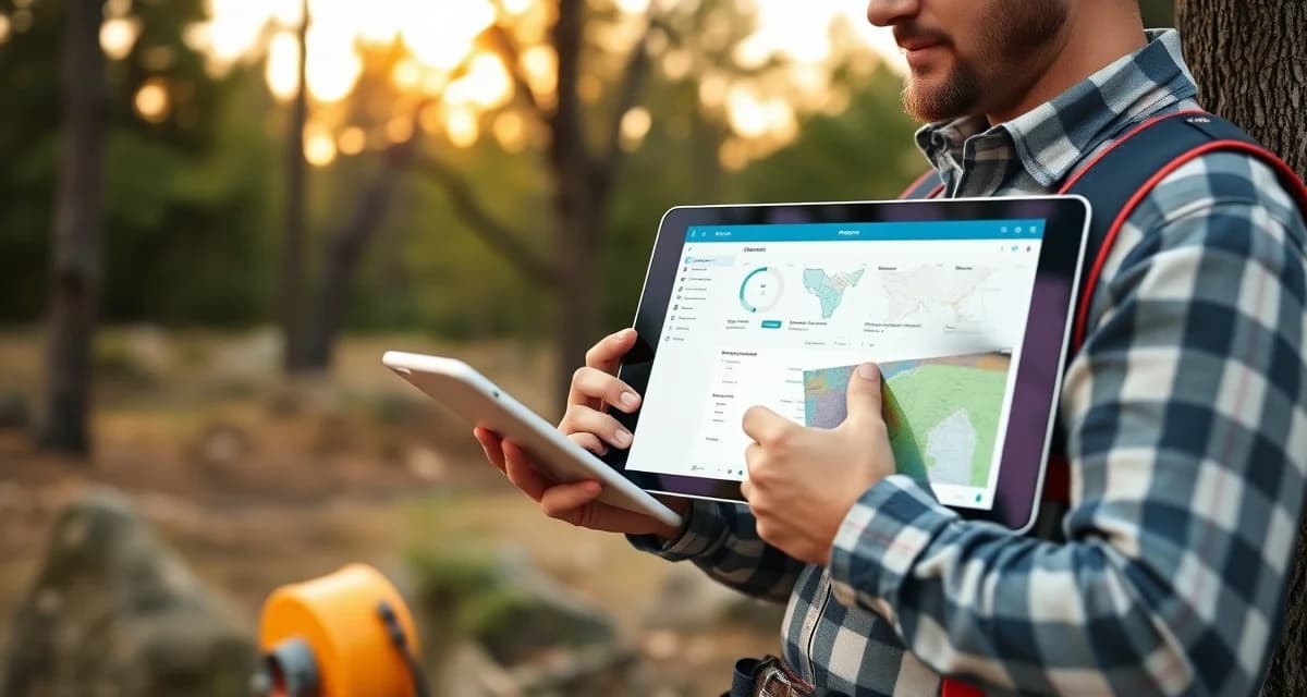 Tree service software management for arborists Arborist reviewing Jobber software on tablet while managing tree service operations and field workflows