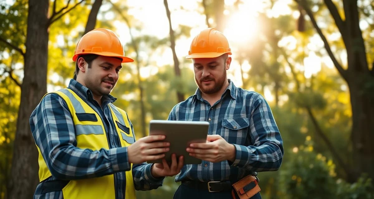 Mobile job management for tree companies Tree service crew using Jobber mobile app on tablet to manage field operations and job workflows