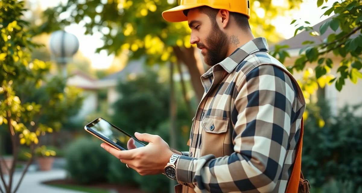 Tree service software management solution Arborist using field service software to schedule and manage tree trimming jobs on mobile tablet device
