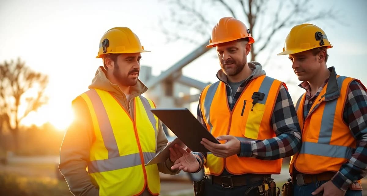 Safety compliance management for tree service businesses Small tree service company crew performing safety compliance inspection with digital tools and documentation on residential job site