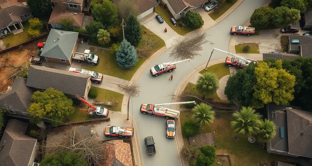 Enterprise storm operations coordination for tree service companies Large tree service operation coordinating multiple crews during storm response and emergency scheduling for disaster cleanup and removal.