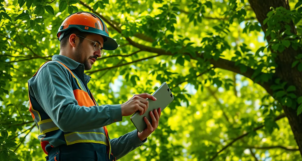 Digital tree health assessment workflow Professional arborist performing tree health assessment with digital tablet and documentation tools in field setting