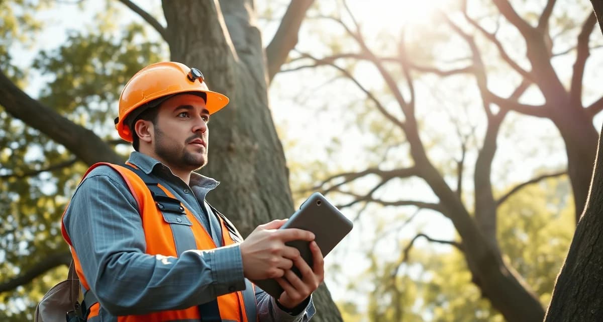 Professional tree health assessment documentation Certified arborist documenting tree health assessment data on tablet with ISA-standard report findings for professional stump removal and tree service business management.