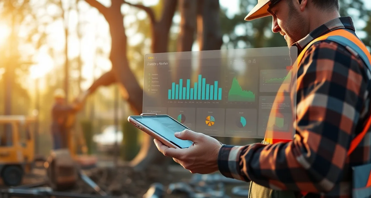 Tree removal job management software in action Arborist using tree removal software on tablet to manage job dispatch and scheduling with crew in background