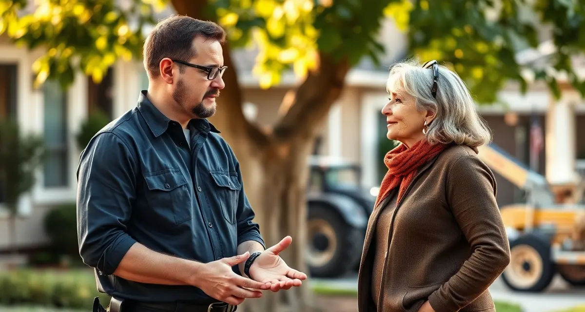Professional complaint handling between tree company and customer Tree service manager discussing complaint resolution with homeowner, demonstrating professional customer service techniques.