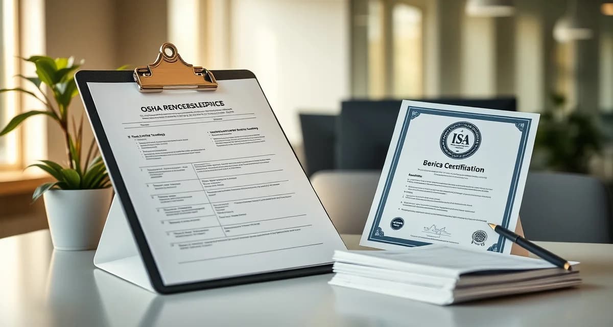 OSHA and ANSI compliance documentation for tree companies Tree service compliance documentation including OSHA recordkeeping forms and ANSI Z133 safety standards on organized desk