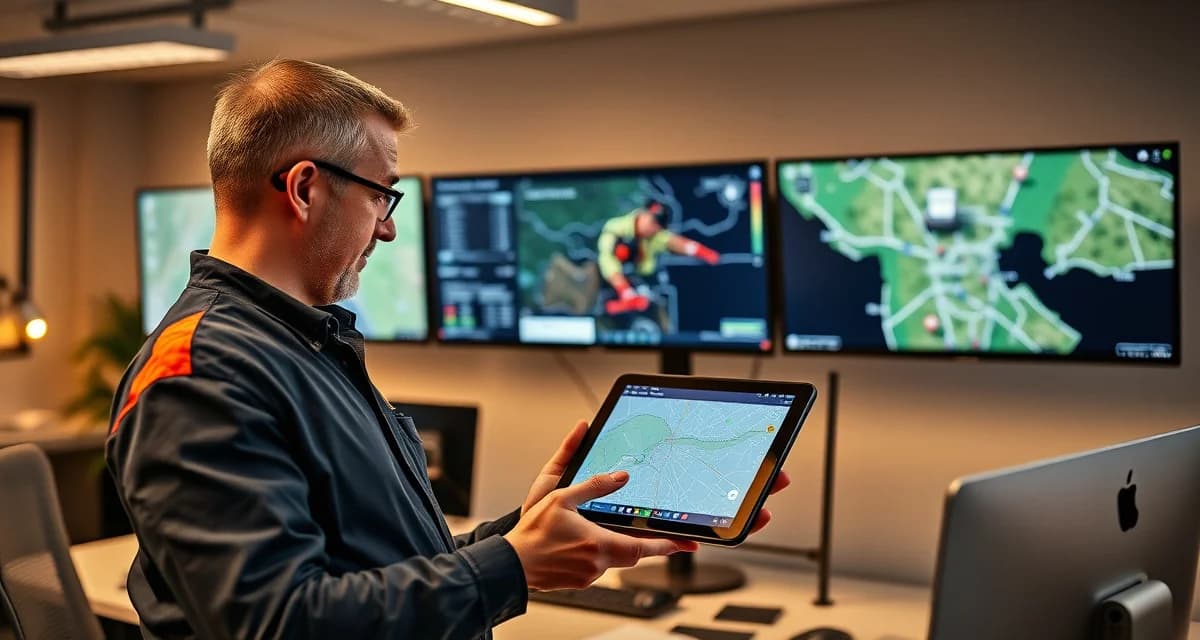 Crew accountability monitoring system for tree companies Tree service manager monitoring crew accountability using GPS tracking and job completion data on digital dashboard