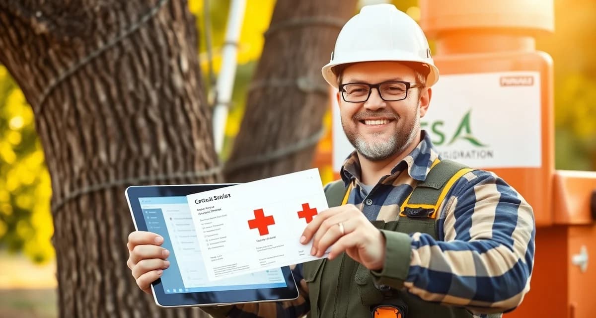 First Aid Certification Tracking for Tree Service Operations Certified arborist displaying first aid certification documentation with tree service management software dashboard on tablet