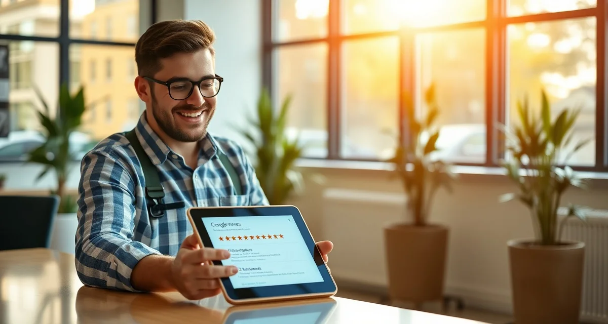 Google reviews management for tree service companies Tree service business owner analyzing Google reviews on tablet to build review collection system
