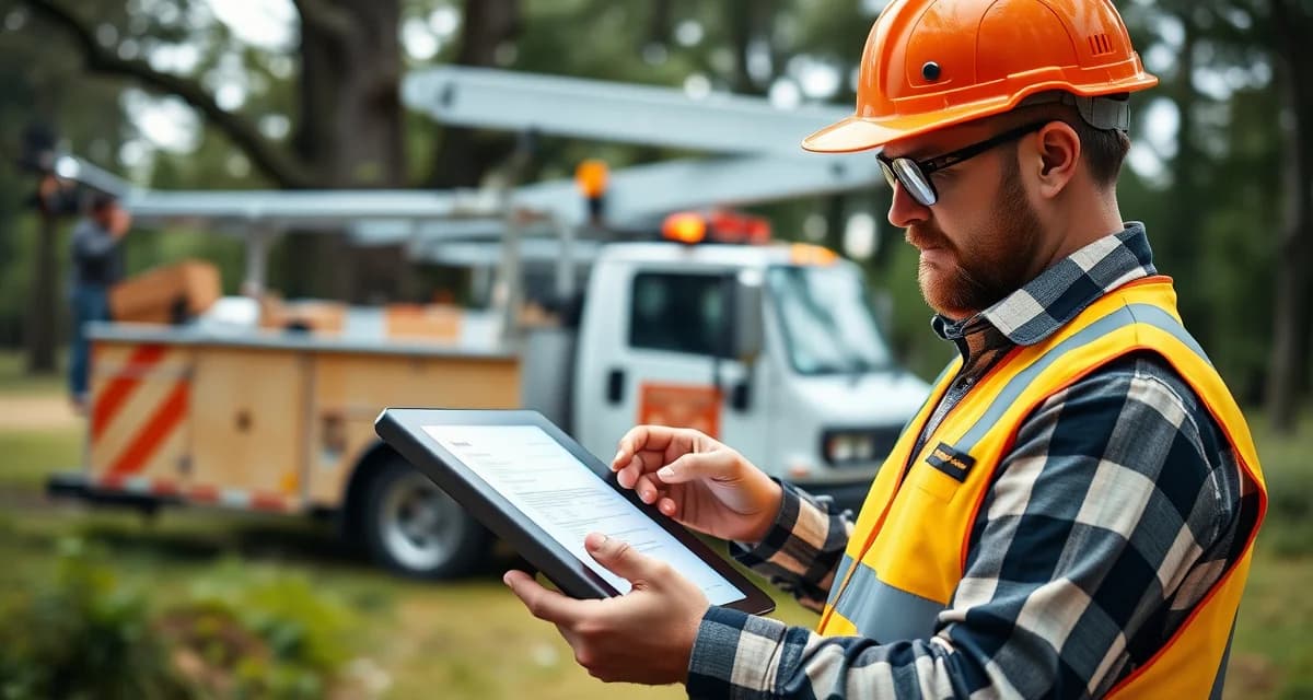 Field compliance documentation for tree service businesses Arborist using tree company insurance software on tablet to document ANSI Z133 compliance in the field with service equipment visible