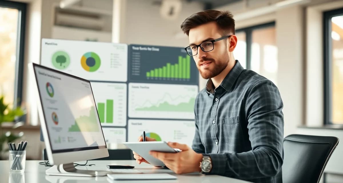 Digital marketing strategy for tree service companies Tree service business owner analyzing marketing performance data and lead tracking metrics on digital dashboard