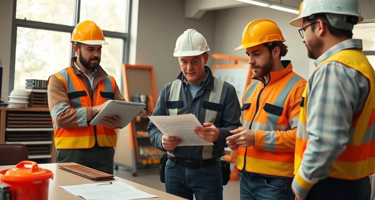 Safety documentation and near-miss incident tracking Tree service crew reviewing near-miss incident report documentation during safety meeting with tablet and clipboard