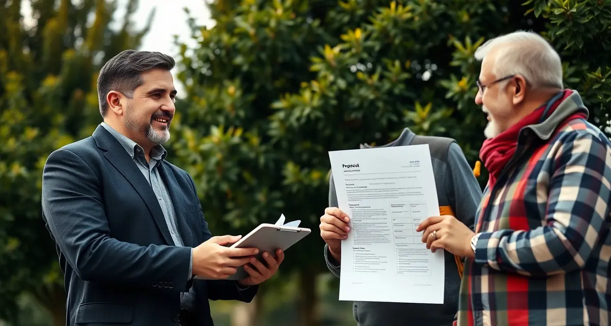 Professional tree service proposal presentation Tree service business owner presenting professional proposal document to customer, demonstrating effective sales technique for winning bids against lowball competitors.