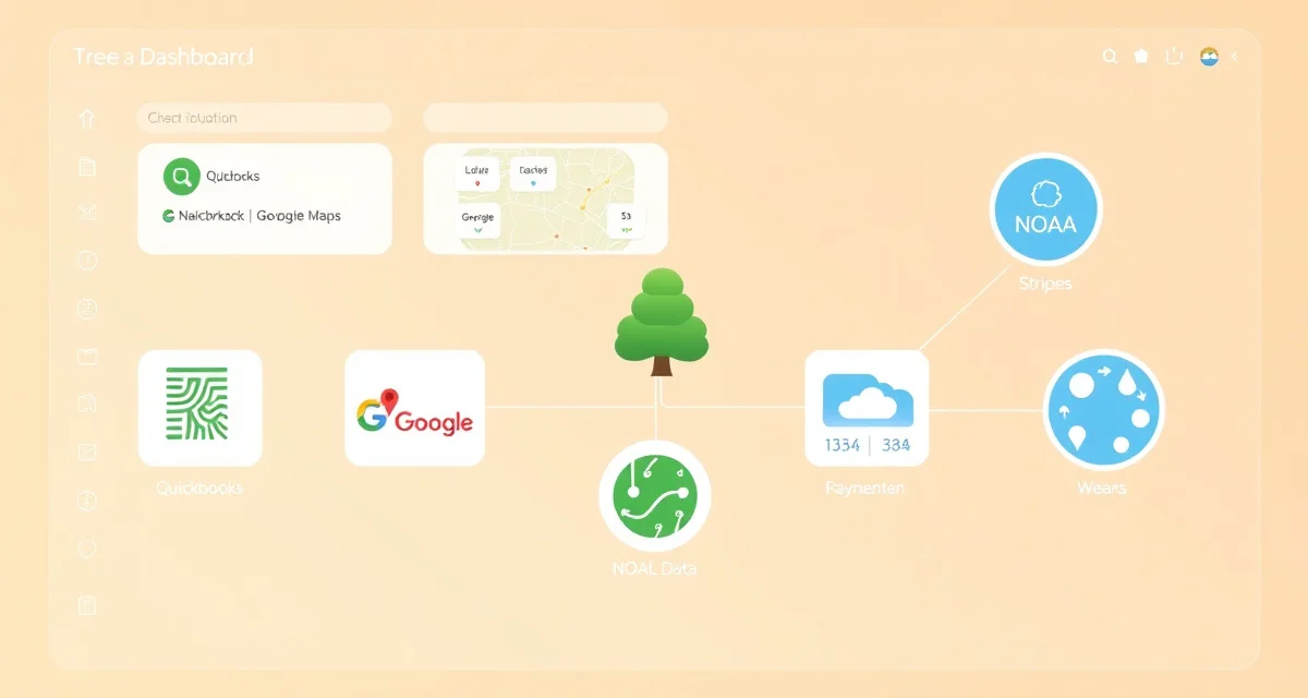 Integrated tree care business software platform Tree service software integrations dashboard showing QuickBooks, Google Maps, Stripe, and NOAA weather connections for arborist business management.