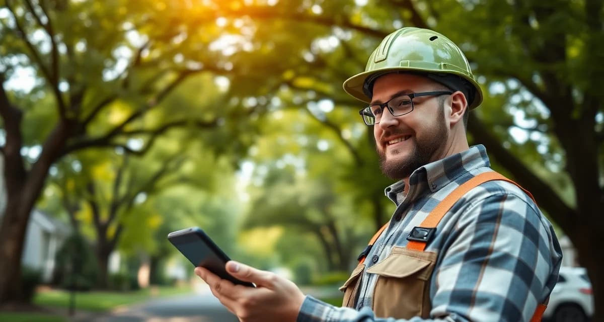 AI-powered job estimation for New Jersey tree companies Arborist using tree service software for fast job quoting in New Jersey with dense suburban canopy visible