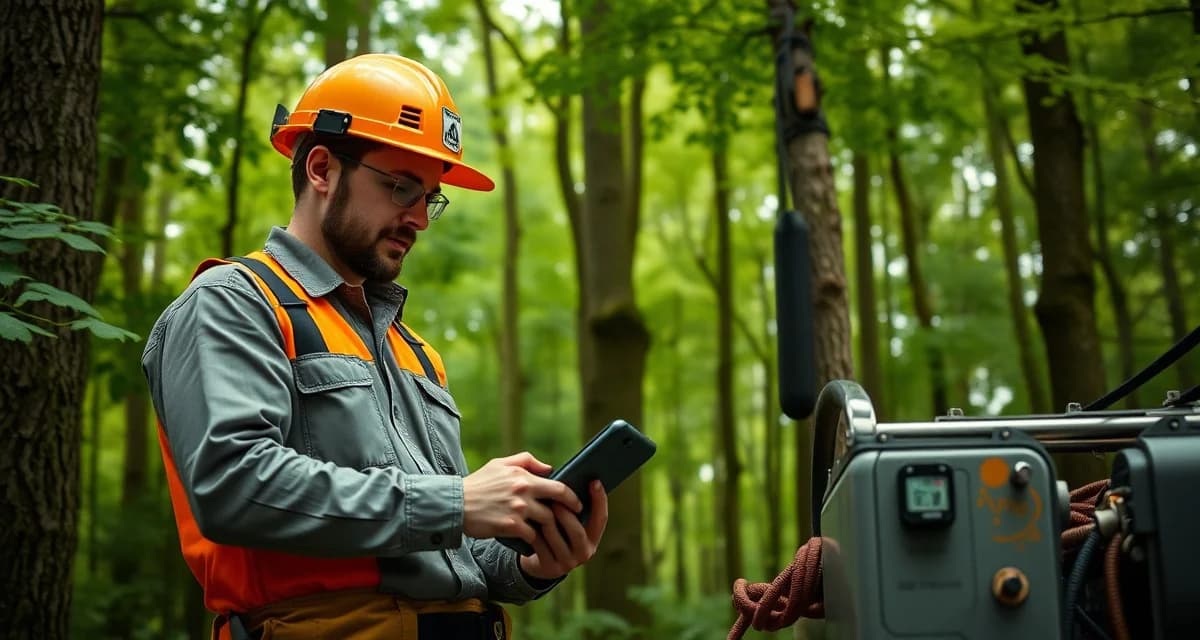 Field technician accessing offline functionality in remote location Arborist using offline tree service software on mobile device in low-signal forest area during job assessment