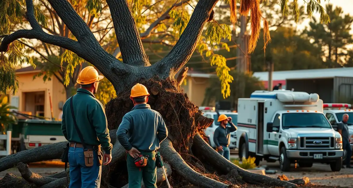 Professional storm response coordination for tree companies Tree service crew efficiently managing storm damage emergency response with organized equipment and coordination systems