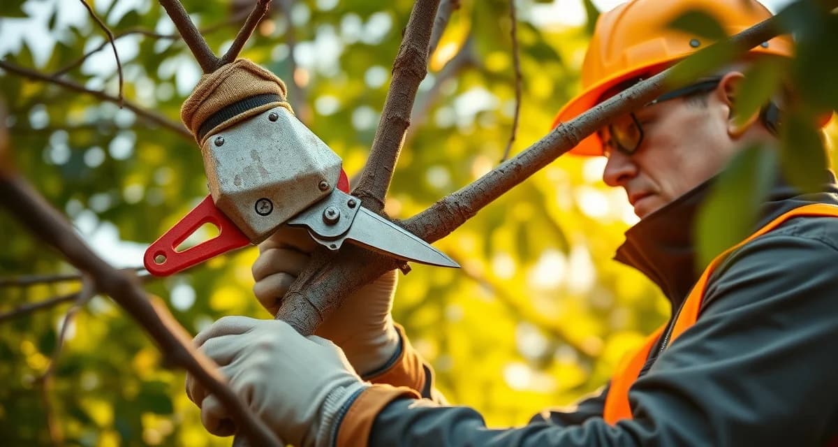 Tree trimming pricing methodology Professional arborist demonstrating proper tree trimming technique with precision pruning tools on a mature tree branch
