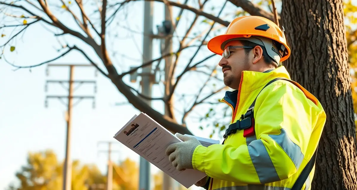 OSHA compliance for utility line clearance jobs Certified arborist measuring minimum approach distance from tree to electrical utility lines for safe clearance work