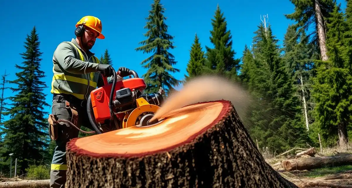 Stump removal and tree service operation in Washington Tree service professional operating stump grinding equipment on large conifer removal in Washington State, demonstrating specialized Pacific Northwest forestry work.