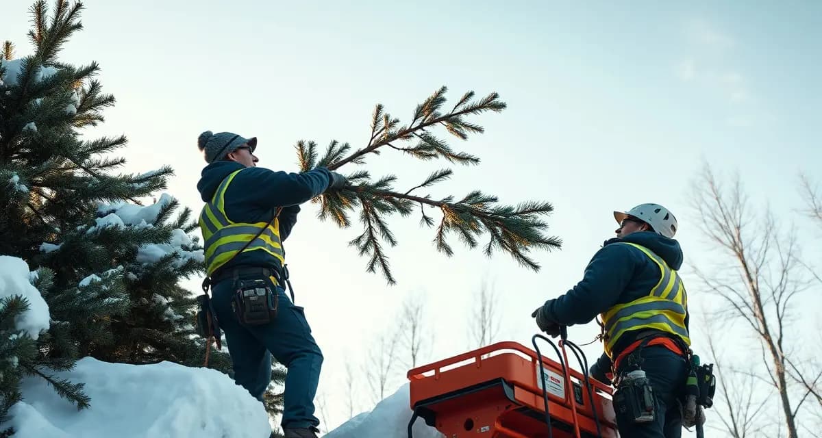 Winter tree service operations generate year-round revenue Professional tree service crew performing winter stump removal and branch cutting work in snowy conditions with safety equipment